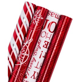 WRAPAHOLIC 30 Inch Christmas Wrapping Paper Set - Jumbo Roll Red and White Christmas Design with Metallic Foil Shine - 4 Rolls - 30 inch x 120 inch Per Roll