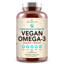 AMANDEAN Vegan Omega 3 Supplement. Premium Fish Oil Alternative. Algae DHA & EPA. Carrageenan Free Softgels. Algal Essential Fatty Acids. Plant Based Heart, Brain, Eye, Skin, Immune Support. (120ct)