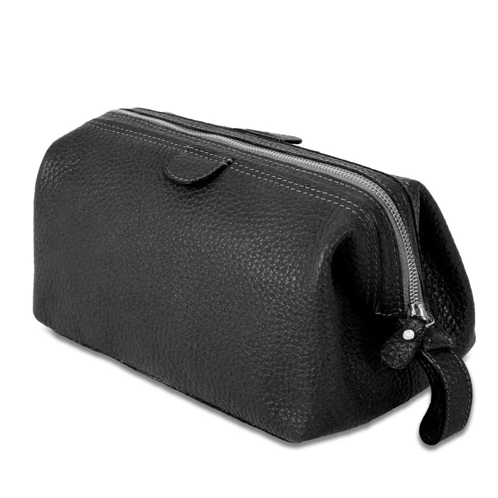 KomalC Premium Buffalo Leather Unisex Toiletry Bag Travel Dopp Kit (Charcoal Black)