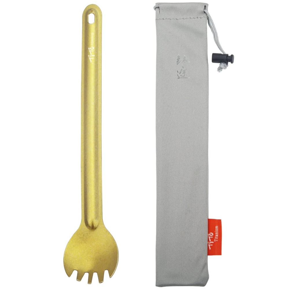 TiTo Titanium Long Handle Spork and Spoon Eco-Friendly Ultralight Portabale Flatware for Outdoor Camping Backpacking Hiking Travel Picnic Tableware with Bag (Bright Golden Spork)