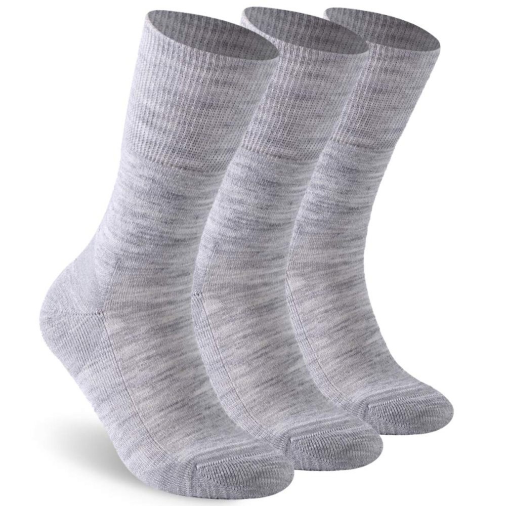 Facool Diabetic Dress Crew Socks for Men Women, Non-Binding Loose Top Seamless Toe Merino Wool Soft Moisture Wicking Cushioned No Slip Diabete Socks, 3 Pairs Light Grey Large