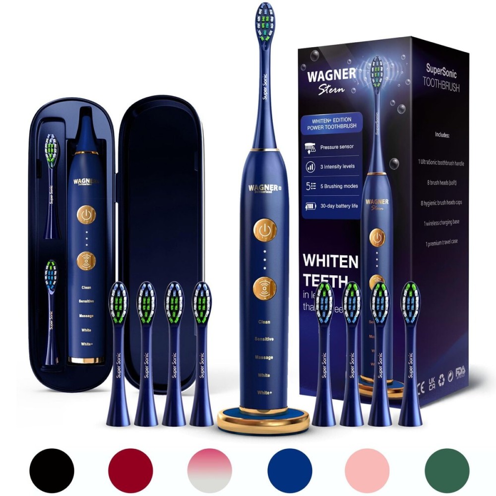 Wagner Stern WHITEN+ Edition. Whitening Electric Toothbrush with Pressure Sensor. Offers 5 Brushing Modes, 3 intensities, 8 Soft Brush Heads, and a Luxury Travel case.