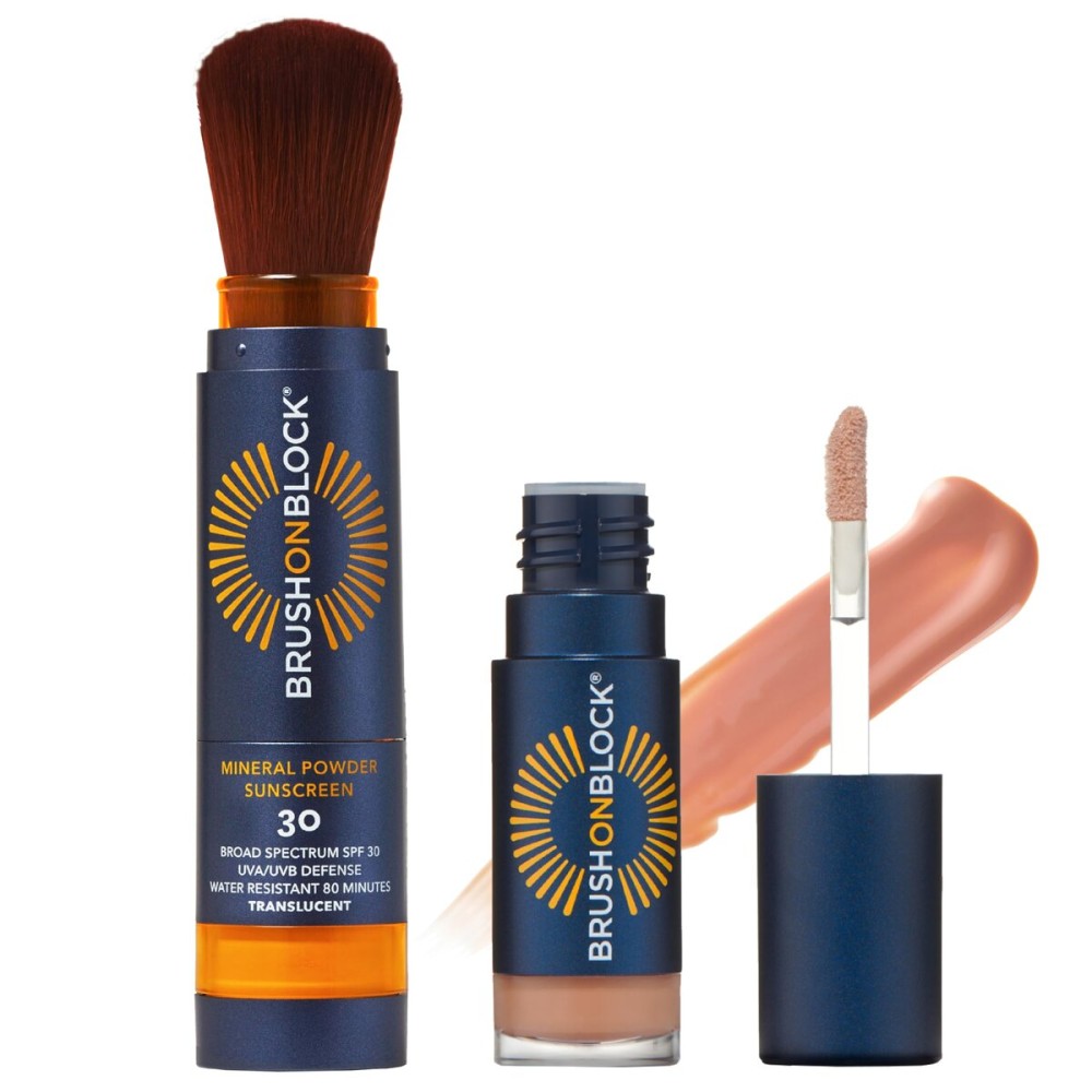 Brush On Block Full Face Sun Protection Kit, Translucent Mineral Powdered Sunscreen & Protective Lip Oil SPF 30, Reef Friendly, FSA HSA Eligible