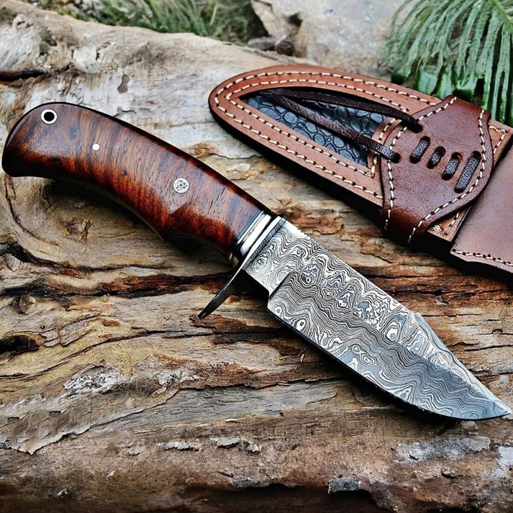 BIGCAT ROAR Bear Hunter - Handmade Damascus Steel Fixed Blade Knife 10 - Walnut Wood Handle & Leather Sheath - Bushcraft Outdoor Camping Skinning & Survival EDC Knife - Collector Hunter Gifts for Men