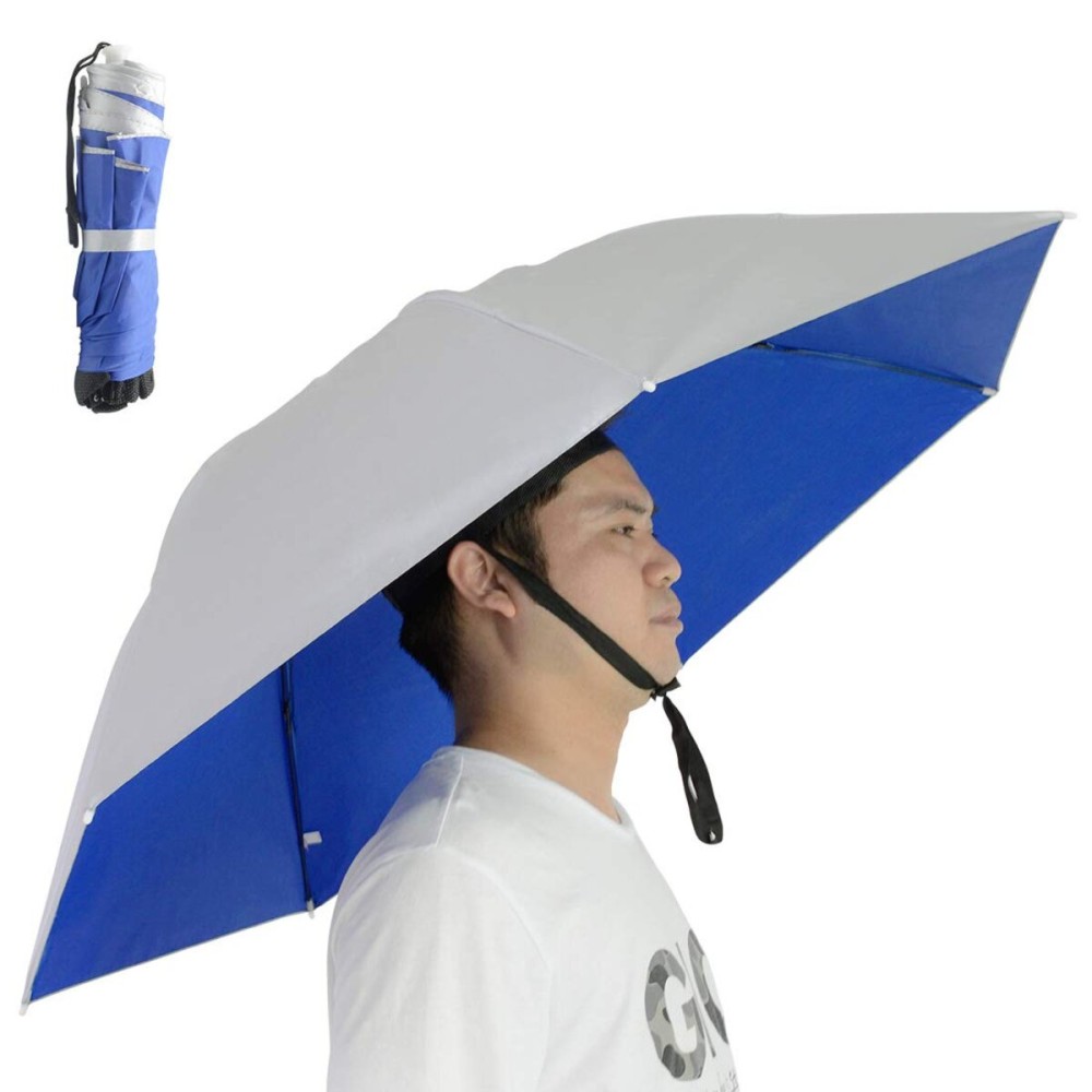NEW-Vi Fishing Umbrella Hat Folding Sun Rain Cap Adjustable Multifunction Outdoor Headwear (Silver/Blue(Single layer) 2Pcs)