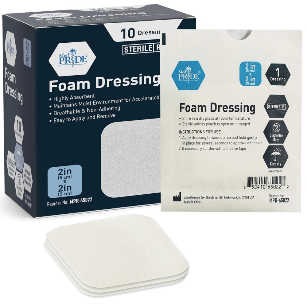 MED PRIDE Sterile Foam Dressings for Wounds, Soft Absorbent Non-Adhesive Waterproof Medical Foam Padding for Ulcers, Injuries (2x2 Inch (Pack of 10))