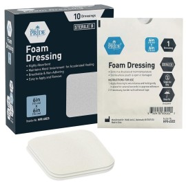 MED PRIDE Sterile Non-Adhesive Foam Wound Dressings, Highly Absorbent, Soft, Waterproof, Flexible for Hard Areas (6X6 Inch (Pack of 10))