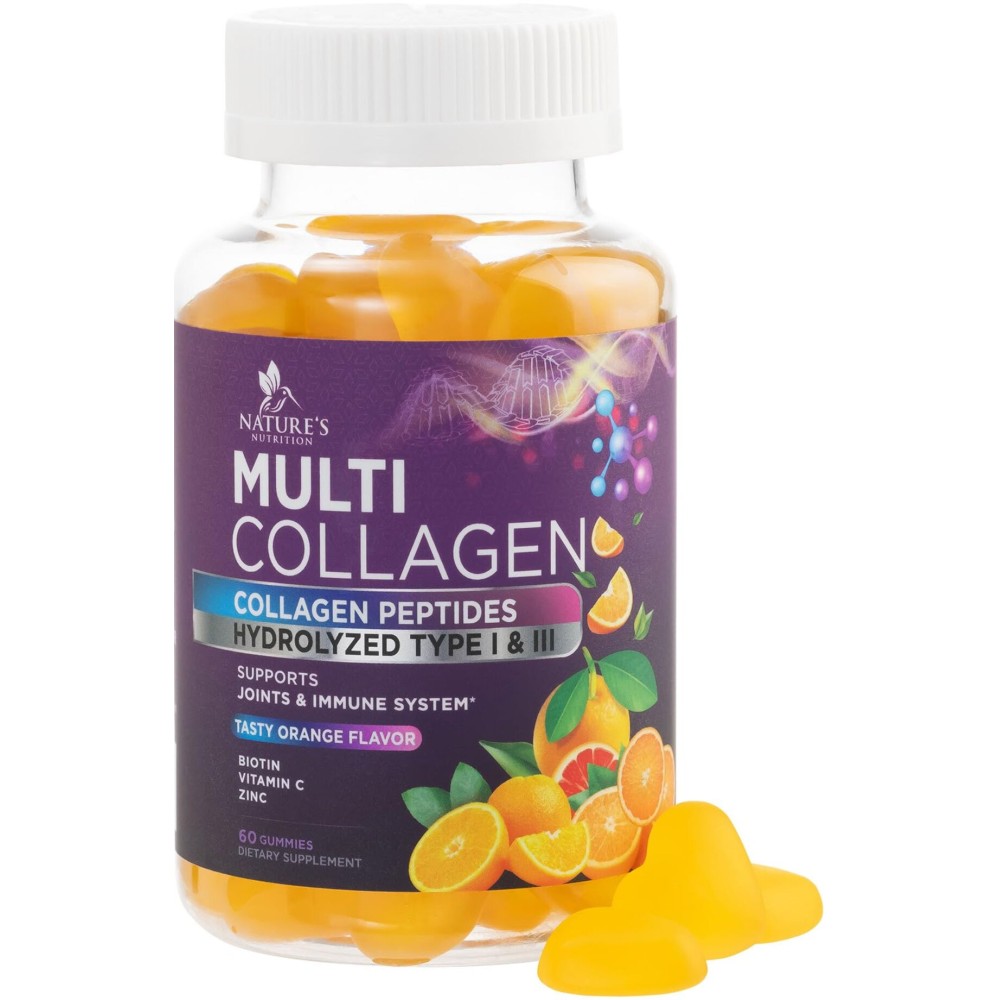 Collagen Gummies with 2500 mcg Biotin - Hydrolyzed Peptides Protein Type I & III Multi Collagen Supplement with Vitamin C & Zinc - Support for Hair, Skin, Nails, Tasty Orange Flavor - 60 Gummies