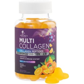 Collagen Gummies with 2500 mcg Biotin - Hydrolyzed Peptides Protein Type I & III Multi Collagen Supplement with Vitamin C & Zinc - Support for Hair, Skin, Nails, Tasty Orange Flavor - 60 Gummies