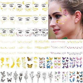 54 Sheets Gold Glitter Freckles Face Tattoo, 150+ Pcs Halloween Face Glitter Temporary Tattoo Stickers, Sparkle Freckles Metallic Face Gems, Faux Freckles Cute Glitter Makeup Accessories For Women
