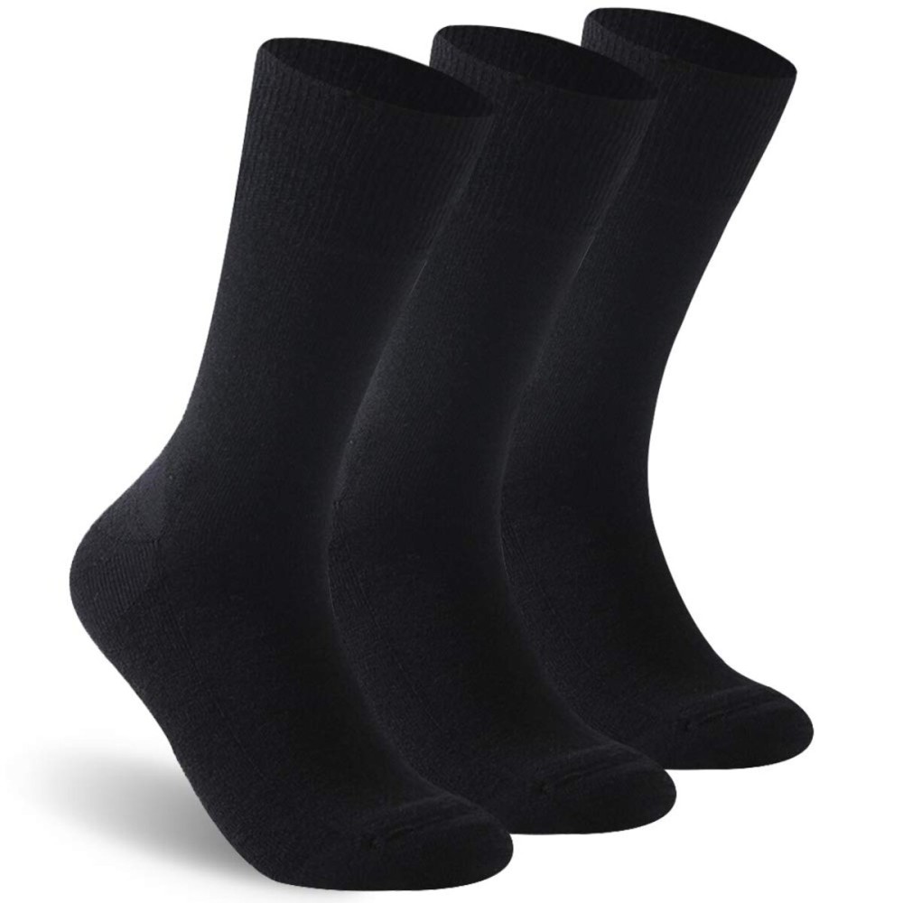 Facool Diabetic Socks for Women, Wool Moisture Wicking Non Slip Non-Binding Loose Fit Top Seamless Breathable Soft Crew Socks, 3 Pairs Black Medium