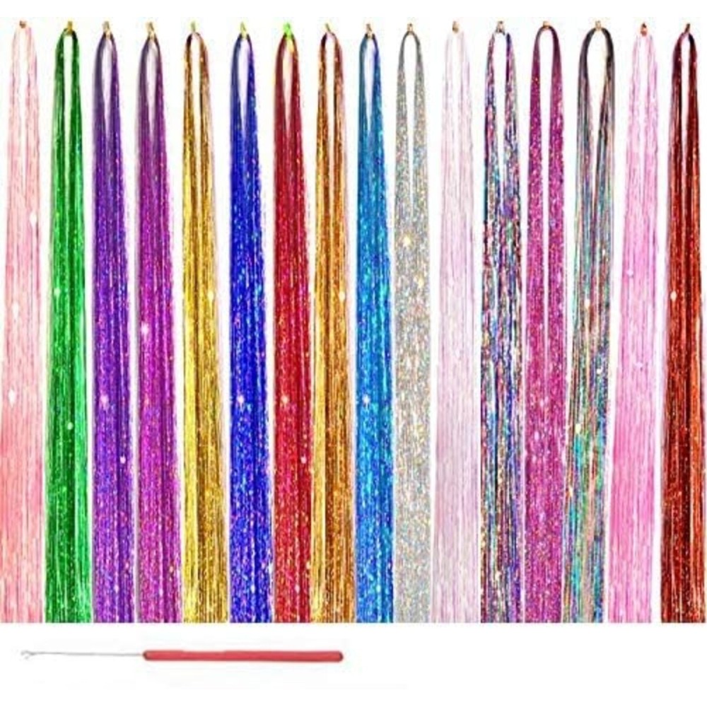 Hair Tinsel Kit with Tools 16 Colors 8000 Strands Fairy Hair Tinsel Heat Resistant Sparkling Shiny Tinsel Hair Extensions 48 Inch Colorful Hair Tinsel strands Kit (48 Inch 8000strands, 16Colors)
