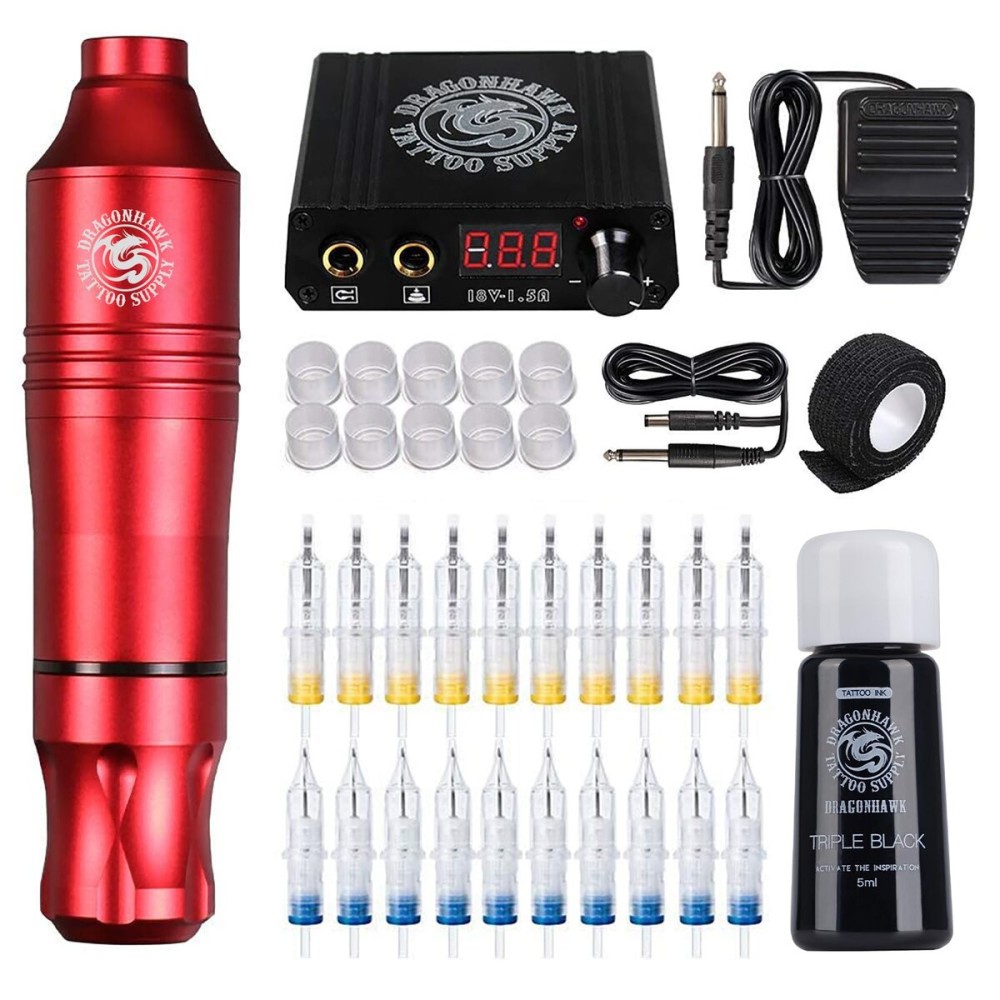 Dragonhawk Pro Complete Tattoo Pen Kit - Lightweight Tattoo Pen Machine 20Pcs Cartridges Needles Power Supplies for Tattoo Beginners 1013-7-2