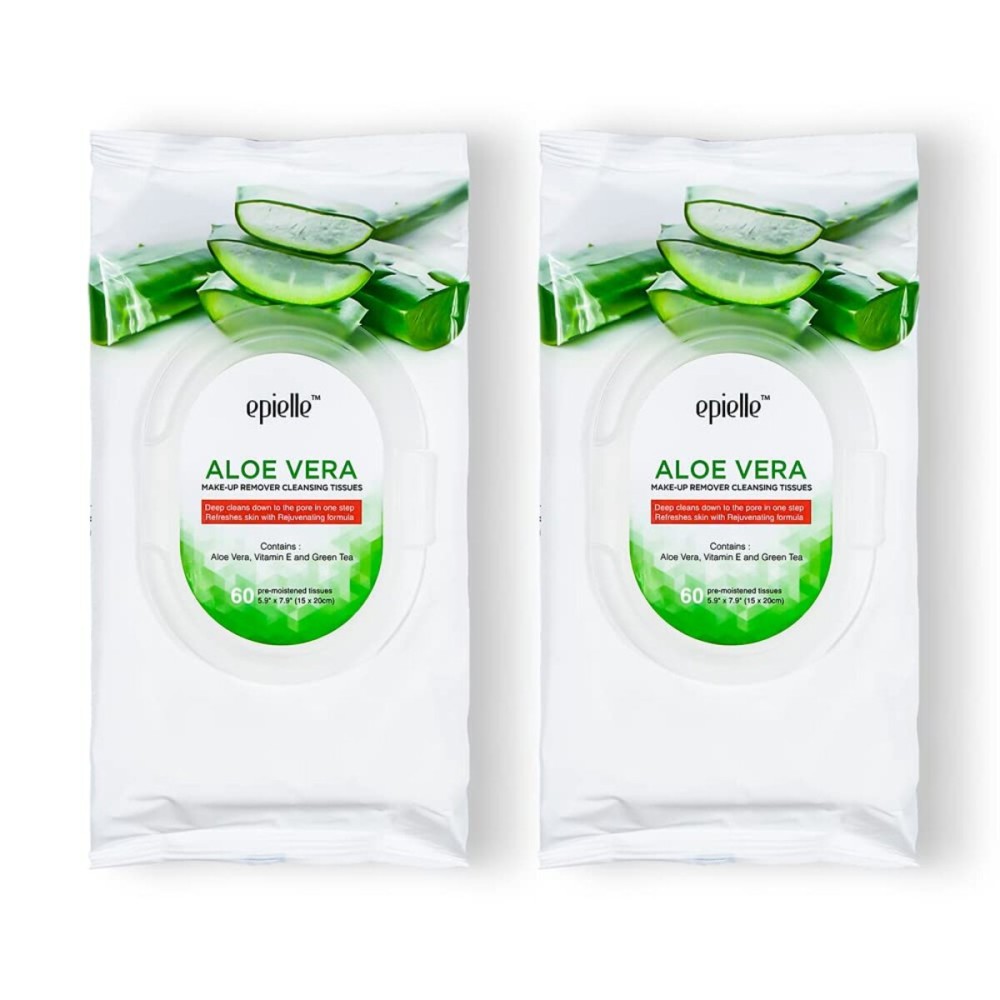 Epielle Aloe Vera Makeup Remover Wipes, Gentle Daily Facial Cleanser Towelettes, Remove Dirt, Oil & Waterproof Mascara, Stocking Stuffers, 60 Count (Pack of 2)