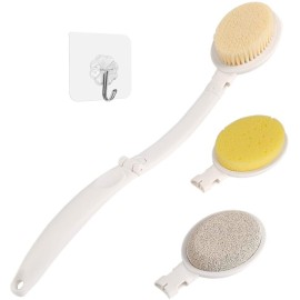 LFJ 19 Long Handle Shower Sponge Brush Set, 3 in 1 Body Brush, Bath Sponge and Lotion Applicator Improved Skin Health, Suitable for Men and Women (White Brush with pumice-1P)