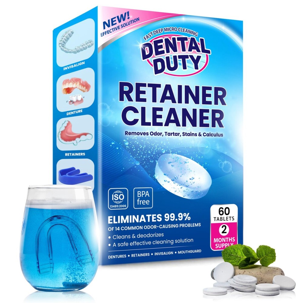 60 units Retainer Cleaner and Denture Cleaning Tablets - Mouthguard Cleaner and Denture Cleaner Tablets Remove Plaque, Odors and Stains from Aligners, Night Guard and Removable Dental Appliances