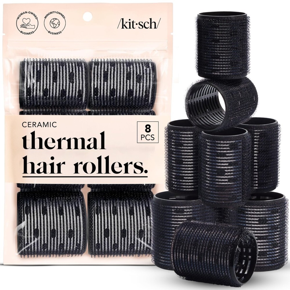 Kitsch Ceramic Thermal Hair Rollers for Women - Self Grip Hair Curlers for Heatless Curls Overnight - Volumizing Large Rollers for Short & Long Hair - For Long Lasting Frizz-Free Curls - Black, 8pcs