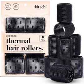Kitsch Ceramic Thermal Hair Rollers for Women - Self Grip Hair Curlers for Heatless Curls Overnight - Volumizing Large Rollers for Short & Long Hair - For Long Lasting Frizz-Free Curls - Black, 8pcs