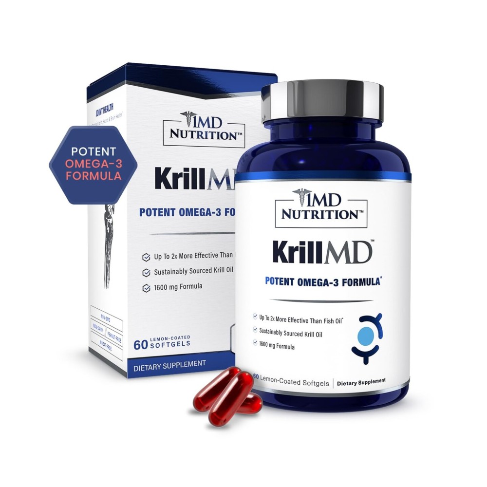 1MD Nutrition KrillMD - Antarctic Krill Oil Omega 3 Supplement with Astaxanthin, EPA, DHA | 2X More Effective Than Fish Oil | 60 Softgels