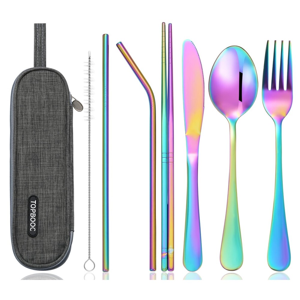 Portable Stainless Steel Flatware Set, Travel Camping Cutlery Set, Portable Utensil Travel Silverware Dinnerware Set with a Waterproof Case (Rainbow)