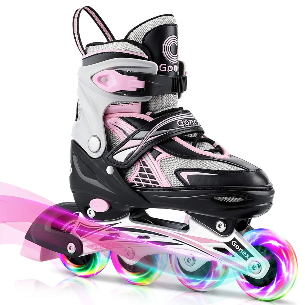 Gonex Inline Skates for Girls Boys Kids, Adjustable Skates Outdoor Blades Inline Roller Skates for Children Teens Women with Light Up Wheels for Indoor Outdoor Backyard Skating, Pink L