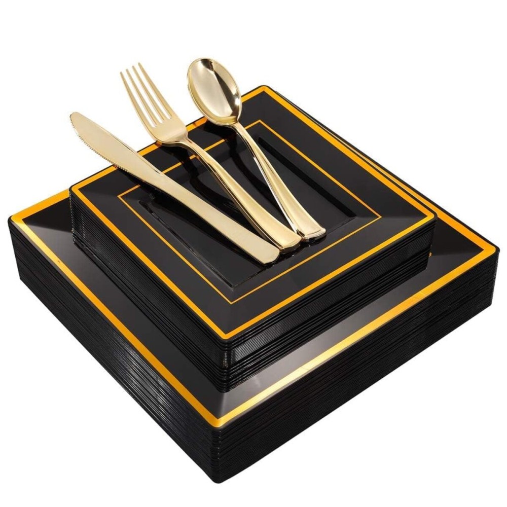 WDF 125Pieces Black Square Plastic Plates with Gold Rim Gold Disposable Silverware - include 25Pcs Dinner Plates,25Pcs Dessert Plates,25 Forks, 25 Knives, 25 Spoons for New Year
