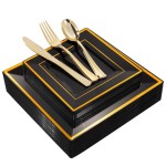 WDF 125Pieces Black Square Plastic Plates with Gold Rim Gold Disposable Silverware - include 25Pcs Dinner Plates,25Pcs Dessert Plates,25 Forks, 25 Knives, 25 Spoons for New Year