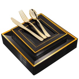WDF 125Pieces Black Square Plastic Plates with Gold Rim Gold Disposable Silverware - include 25Pcs Dinner Plates,25Pcs Dessert Plates,25 Forks, 25 Knives, 25 Spoons for New Year