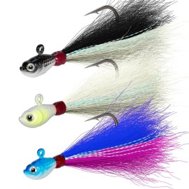 Dr.Fish 3 Pack Bucktail Jig Saltwater Fishing Jig Buck Tail Hair Lure Surf Fishing Bass/Striper/Mackerel/Halibut/Flouder Lure 1/4oz