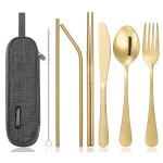 Portable Stainless Steel Flatware Set, Travel Camping Cutlery Set, Portable Utensil Travel Silverware Dinnerware Set with a Waterproof Case (Gold)