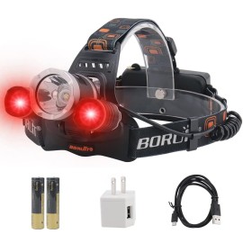 BORUIT RJ-3000 LED Rechargeable Headlamp,3 Modes White and Red LED Hunting Headlamps,Super Bright Tactical Flashlight Red Light Head Lamp for Running Camping Hiking Fishing