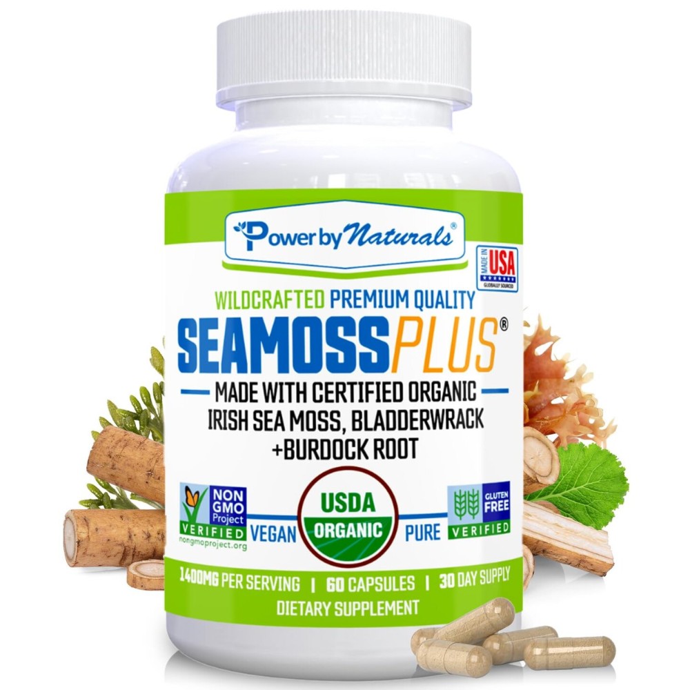Power By Naturals SeaMoss Plus - USDA Organic Irish Sea Moss Capsules w/Wild Harvested Irish Seamoss, Bladderwrack & Burdock Root Immunity Supplement Sea Moss Pills for Adult 60Ct - 1 Pack