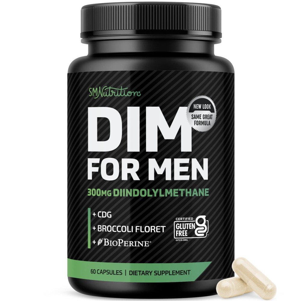 DIM Supplement for Men 300mg | Estrogen Blocker & Aromatase Inhibitor | Extra Strength Mens Hormone Balance & Fitness Booster with Diindolylmethane Plus CDG & Broccoli Floret | Gluten-Free | 60 Ct