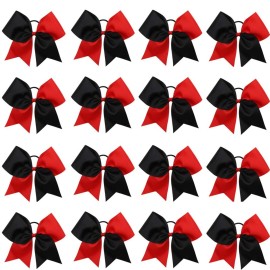 16PCS 8 Large Cheer Hair Bows Ponytail Holder Elastic Band Handmade for Cheerleading Teen Girls College Sports (Red/Black, 1 Count (Pack of 16))