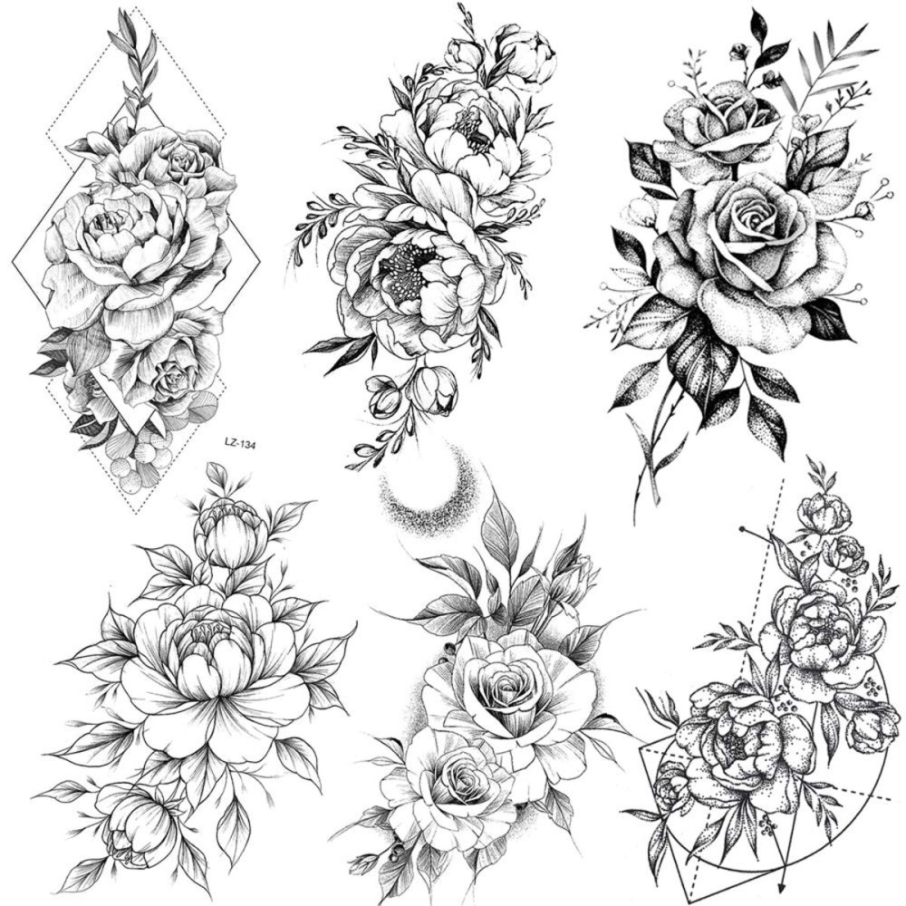 COKTAK 6 Pieces/Lot 3D Realistic Large Black Rose Flower Temporary Tattoos For Women Body Art Arm Big Peony Geometric Tattoo Stickers Adults Fake Waterproof Tatoo Legs Sketch Sexy Girl Peach Lily