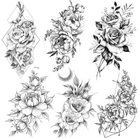 COKTAK 6 Pieces/Lot 3D Realistic Large Black Rose Flower Temporary Tattoos For Women Body Art Arm Big Peony Geometric Tattoo Stickers Adults Fake Waterproof Tatoo Legs Sketch Sexy Girl Peach Lily