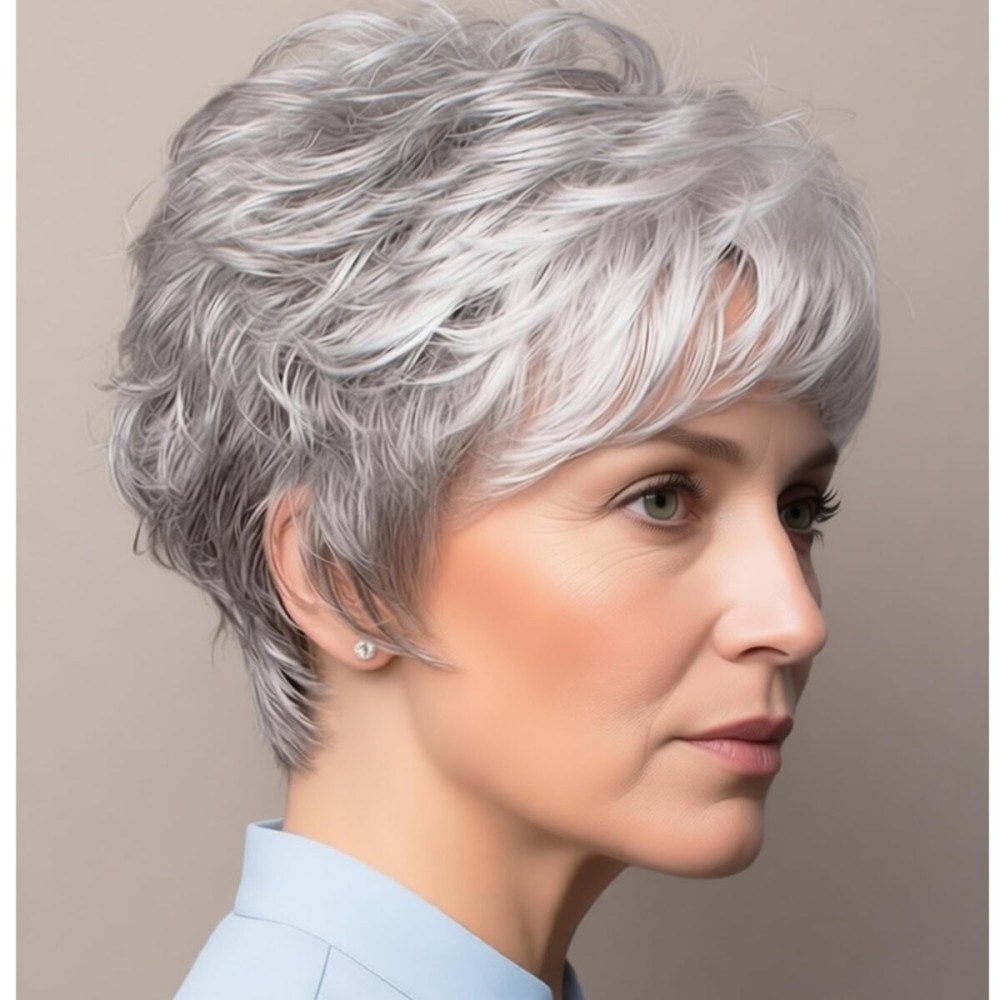 XIUFAXIRUSI XIUFAXIRUSI Grey Curly Pixie Wigs for White Women Short Fluffy White Hair with Bangs Natural Synthetic Heat Resistant Wig