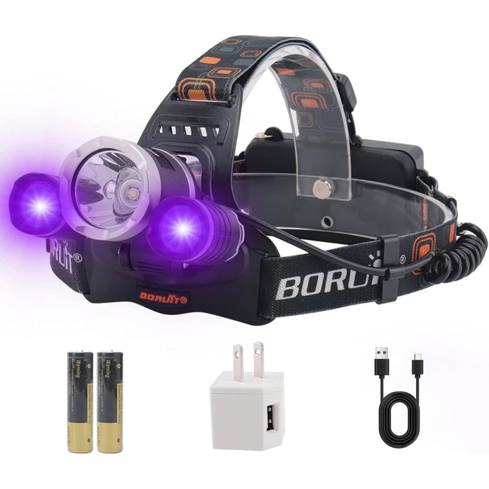BORUIT RJ-3000 LED Black Light Headlamp,3 Modes White and UV Light Headlamp,Super Bright Rechargeable Blacklight Headlight Head Lamp for Hunting Camping Hiking Fishing Working