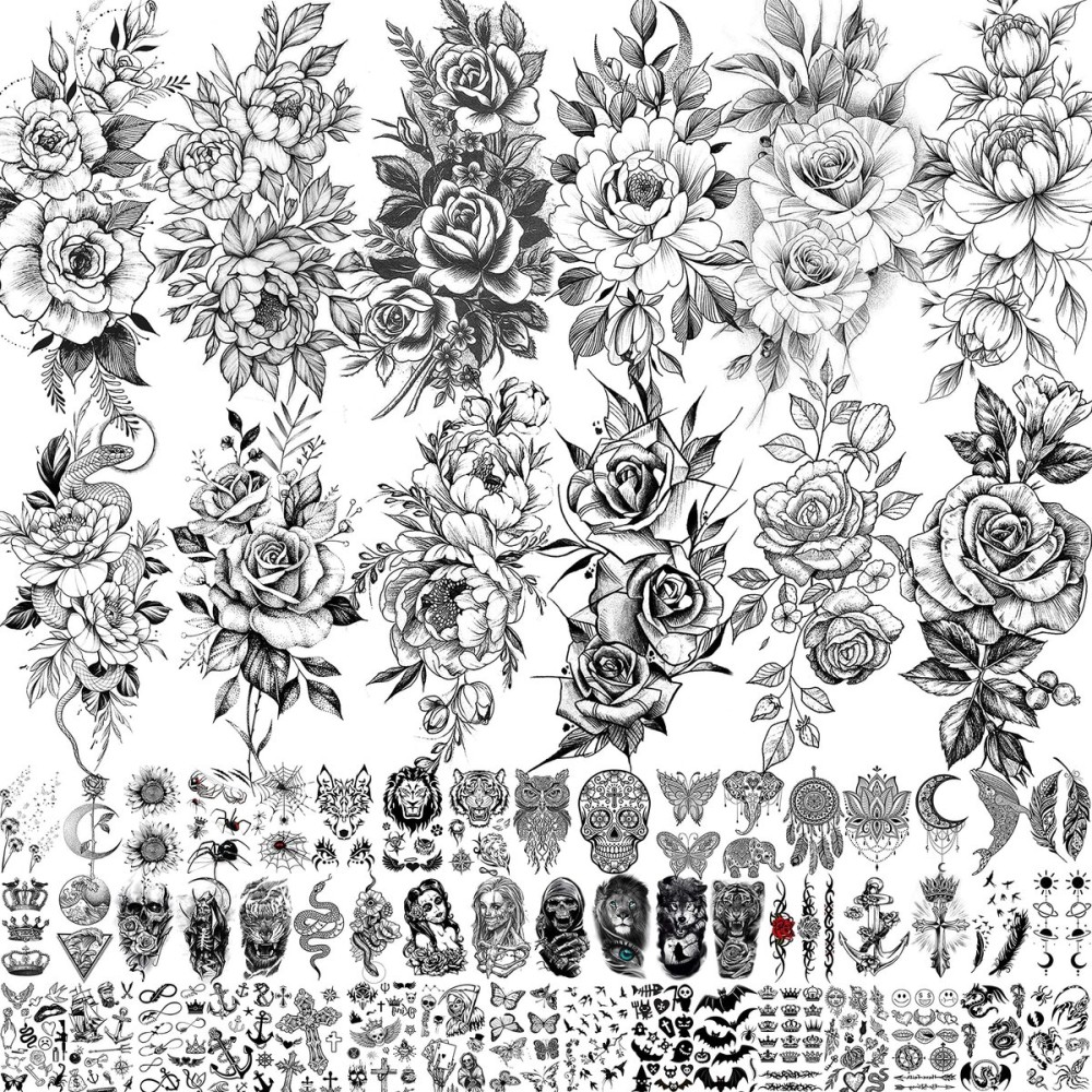 VANTATY 63 Sheets Realistic Black Rose Peony Flower Temporary Tattoos for Women Adults Body Art Arm, Snake Fake Floral Sketch Sleeve Tattoo Sticker
