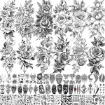 VANTATY 63 Sheets Realistic Black Rose Peony Flower Temporary Tattoos for Women Adults Body Art Arm, Snake Fake Floral Sketch Sleeve Tattoo Sticker