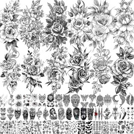 VANTATY 63 Sheets Realistic Black Rose Peony Flower Temporary Tattoos for Women Adults Body Art Arm, Snake Fake Floral Sketch Sleeve Tattoo Sticker