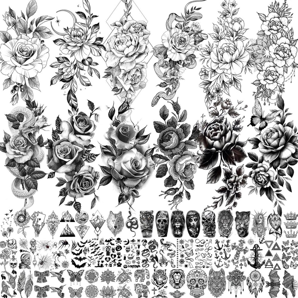 VANTATY 65 Sheets Black Realistic Flower Temporary Tattoos For Women Arm Thigh, 3D Fake Tattoos That Look Real And Last Long, Temp Rose Sketch Moon Snake Peony Floral Tattoo Stickers For Adults Girls