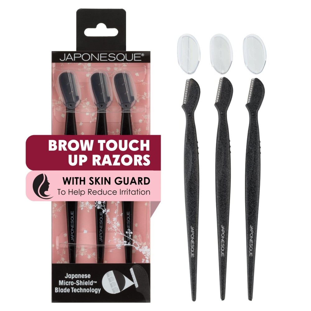 Japonesque Brow Touch Up Razors with Ultra-Sharp Stainless Steel Blades, for Removal of Unwanted Facial Hair and Peach Fuzz, Protective Blade Cover for Safe Storage Included