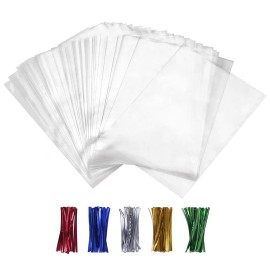 XLSFPY 100PCS Cellophane Bags Clear Plastic Cello Bags 4x6 with 4 Twist Ties 5 Mix Colors - 1.4 mils Thick OPP Treat Bags for Gift Wrapping Packaging Decorations Storage (4\'\' x 6\'\')