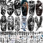 82 Sheets Temporary Tattoos Stickers, Fake Body Arm Chest Shoulder Tattoos for Men and Women, Halloween Temporary Tattoos Black Fake Skull Skeleton Tattoos for Halloween Cosplay