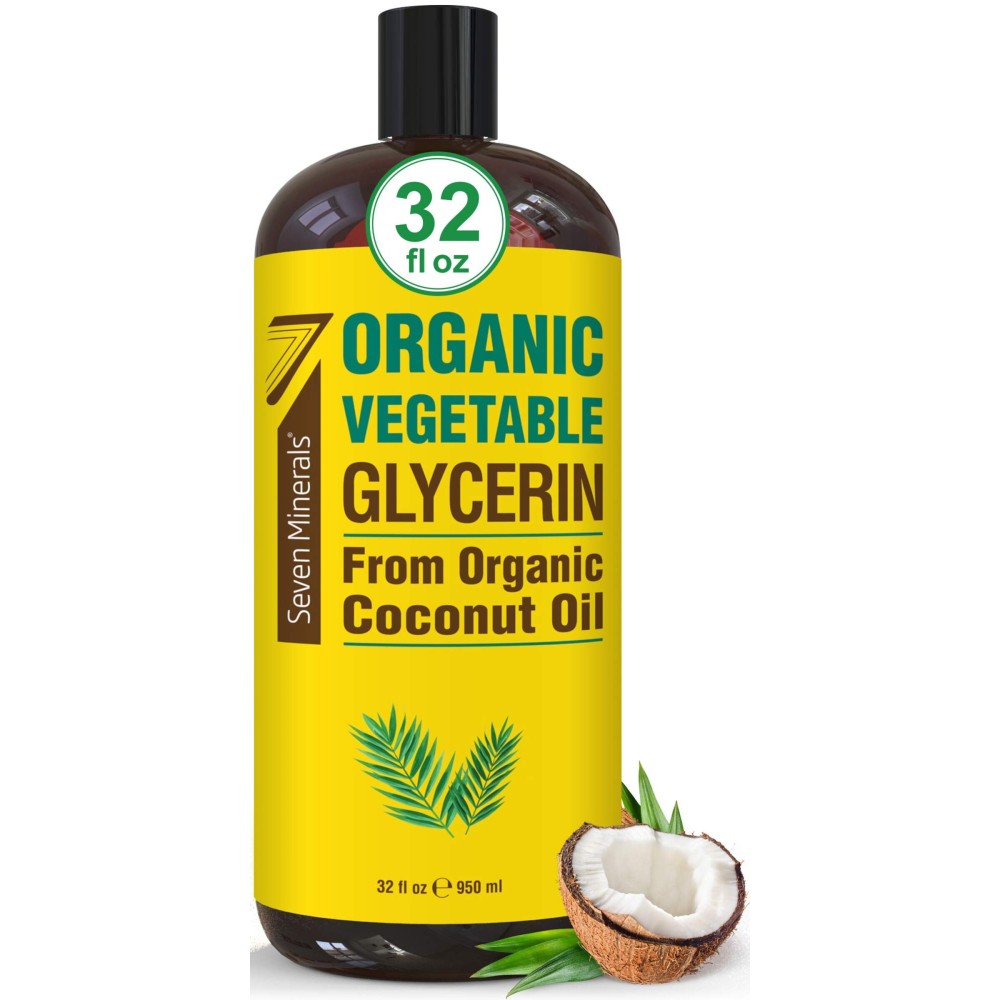 Seven Minerals, Organic Vegetable Glycerin - Big 32 fl oz Bottle - No Palm Oil, Made with Organic Coconut Oil - Therapeutical Grade Glycerine for DIYs - Hair, Nails & Skin Moisturizer - Non-Gmo