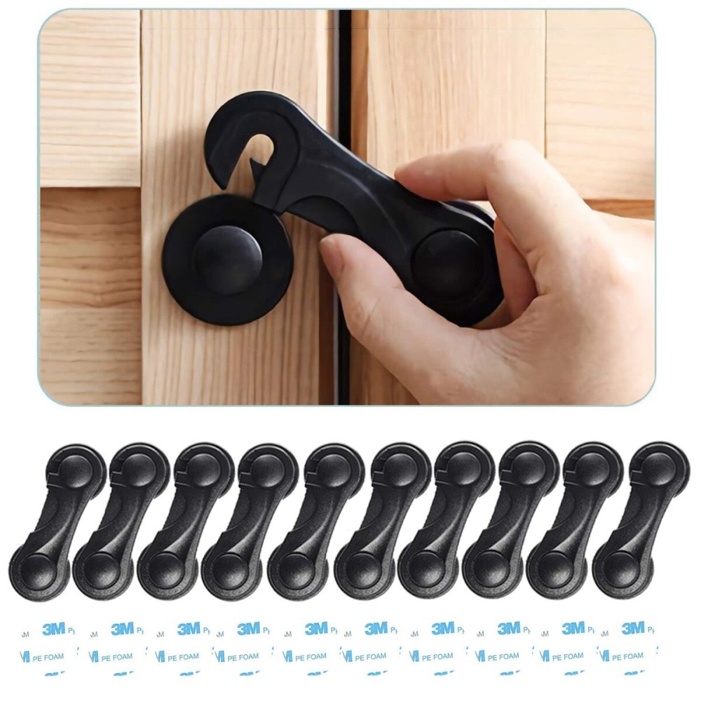 Child Safety Cabinet Locks (10 Pack) - Baby Proofing Latches Lock for Drawers, Toilet Seat, Fridge, Oven with 10 Extra 3M Adhesives (Black)
