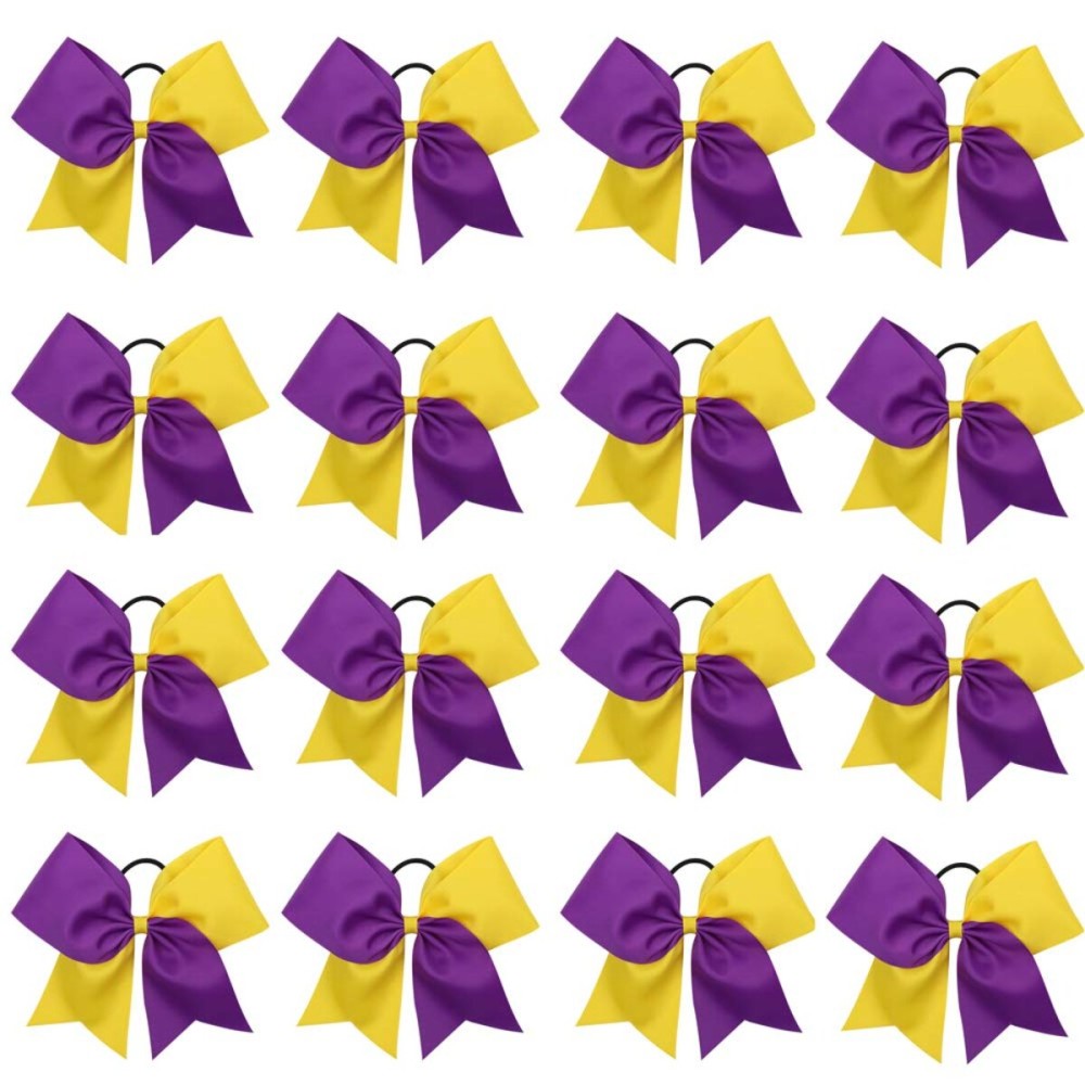 16PCS 8 Large Cheer Hair Bows Ponytail Holder Elastic Band Handmade for Cheerleading Teen Girls College Sports (Purple/Gold, 1 Count (Pack of 16))