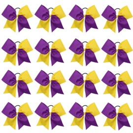 16PCS 8 Large Cheer Hair Bows Ponytail Holder Elastic Band Handmade for Cheerleading Teen Girls College Sports (Purple/Gold, 1 Count (Pack of 16))