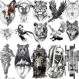 VANTATY 10 Sheets Realistic Tiger Temporary Tattoos Animals For Men Body Armband Soldier Fake Tatoo Stickers For Women Scorpion Wolf Deer Elk Eagle Bear Dot Adults Forearm Tattoos Girls Kids Teens.